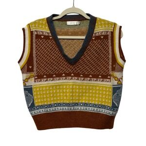 Knit Mix V-Neck Sweater Vest Brown Yellow Geometric Fair Isle Sleeveless Small